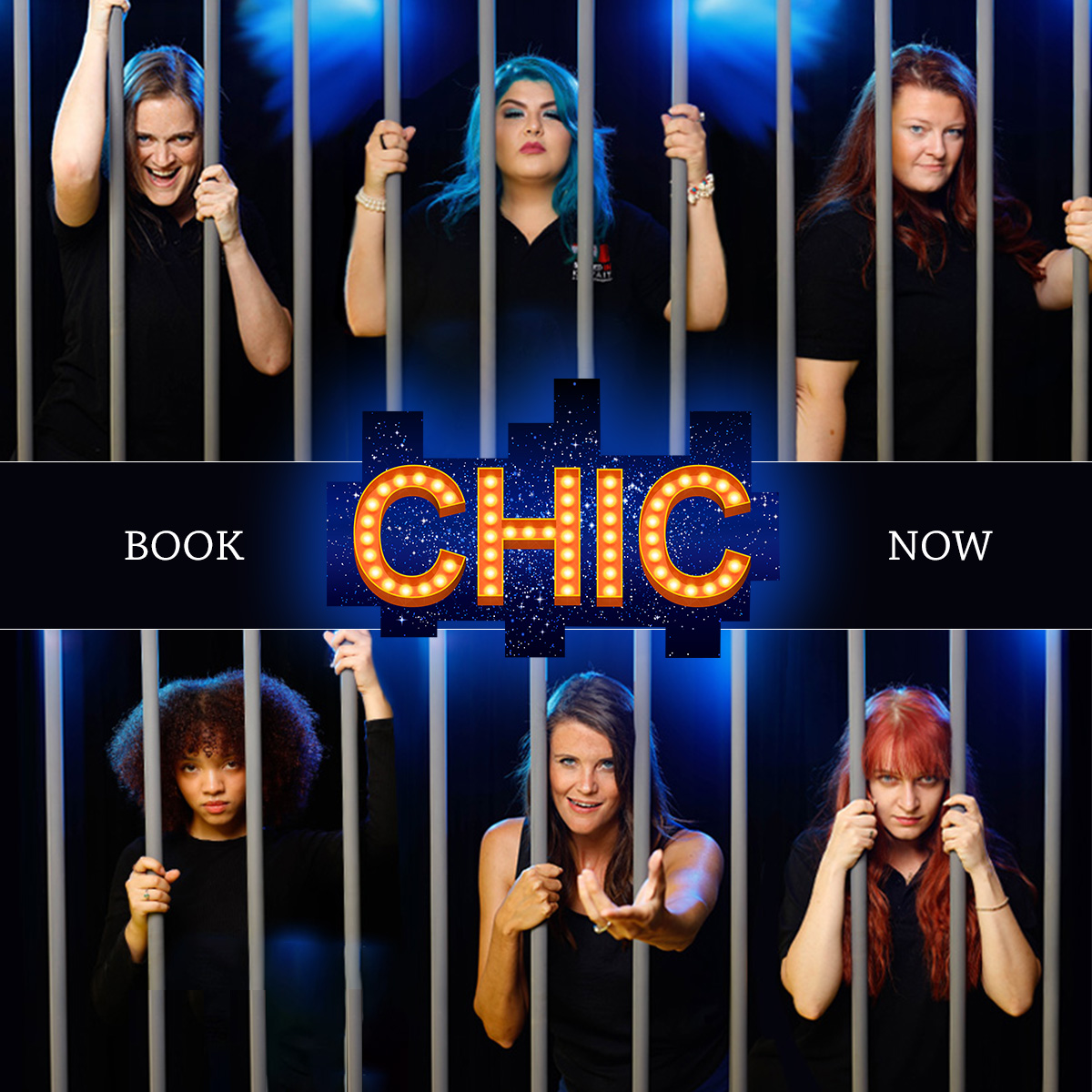 Six of the female cast for Chicago locked up behind bars