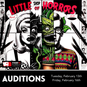 A comic book style image of Seymour and Audrey advertising Auditions